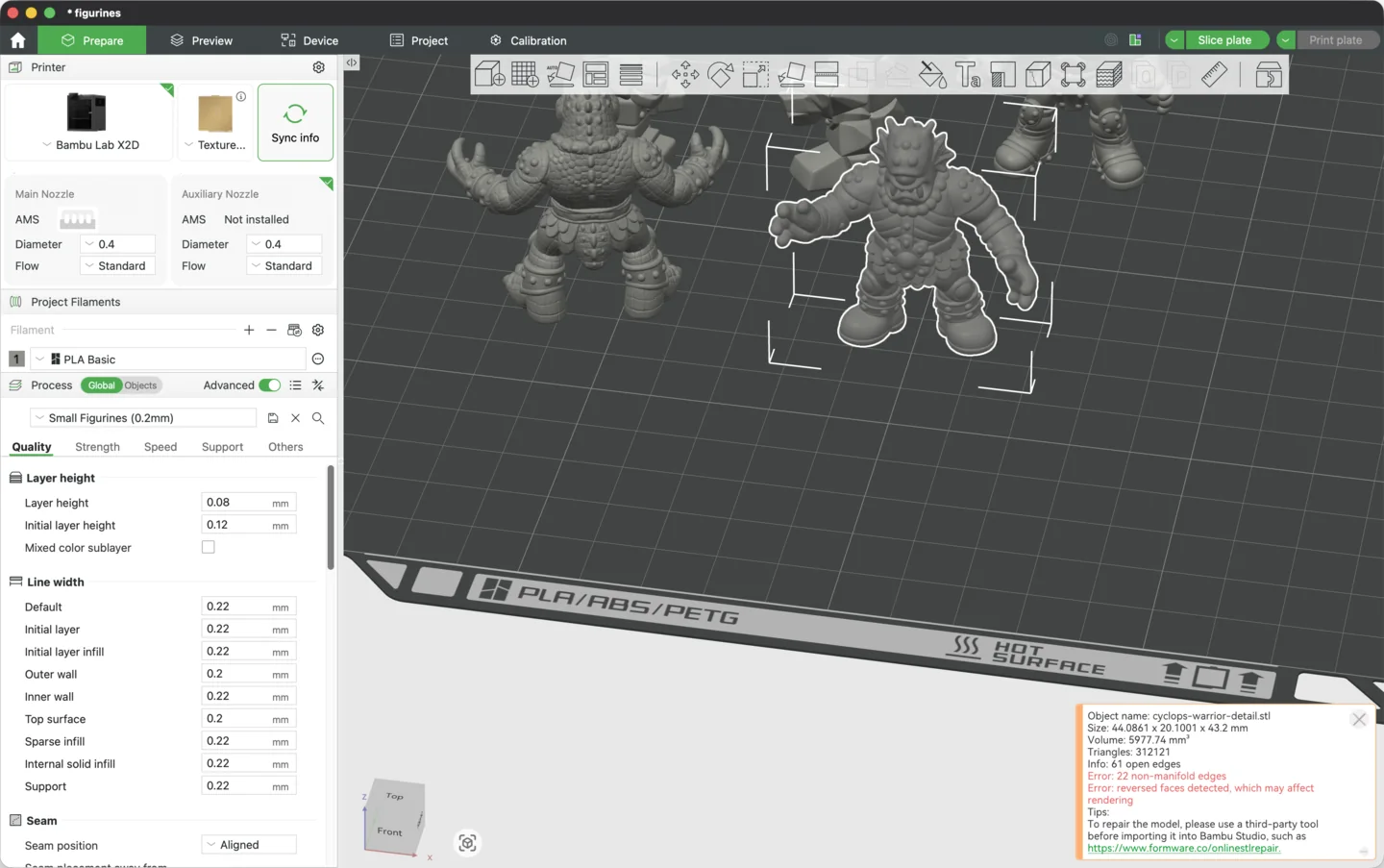 Bambu Studio with gray figurines on the build plate. The selected cyclops figure has a warning panel in the lower right corner of the window. It reads: Info: 61 open edges. Error: 22 non-manifold edges. Error: reversed faces detected, which may affect rendering. Tips: To repair the model, please use a third-party tool before importing it into Bambu Studio.