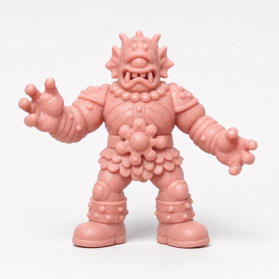 Front reference of the salmon-pink cyclops warrior, with one eye, fin ears, studded armor, a flower medallion belt and a scalloped skirt.