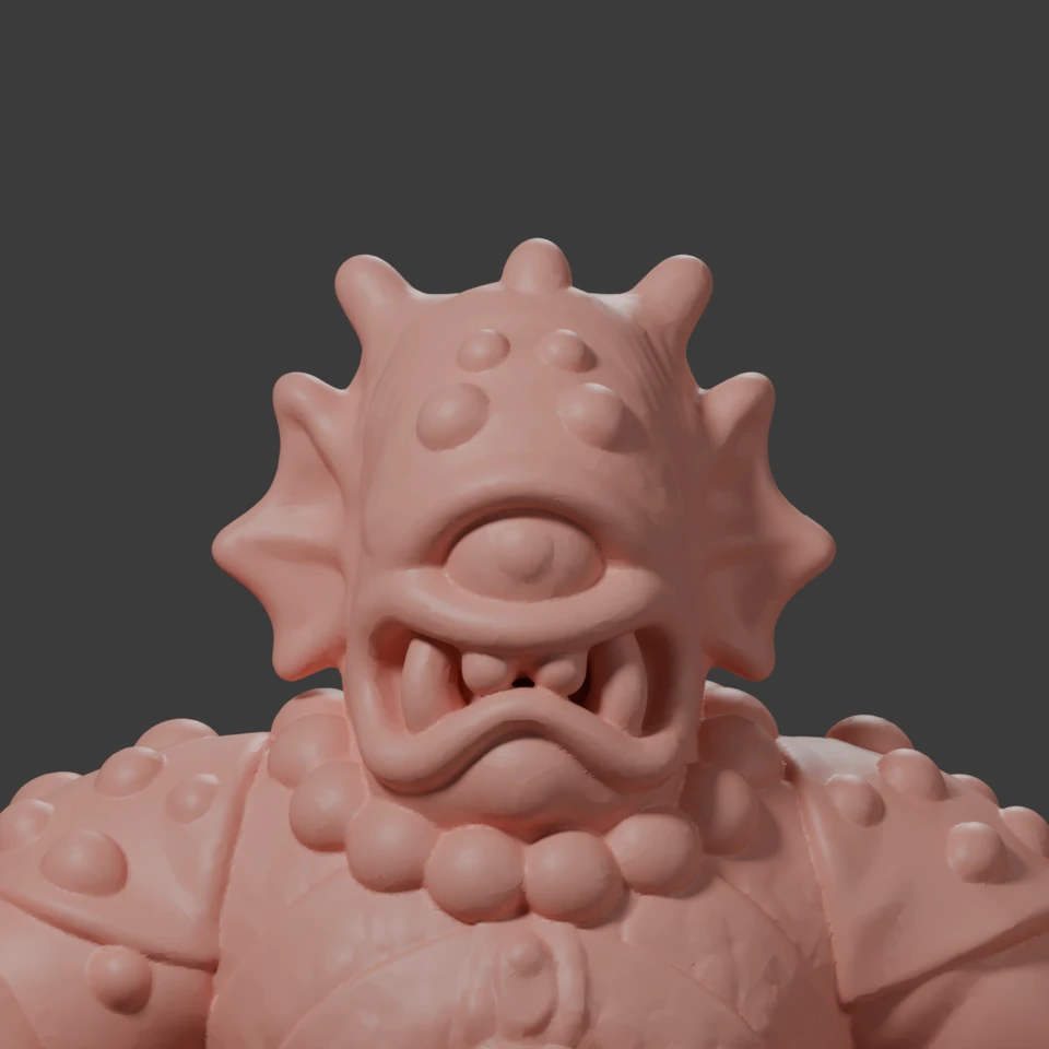 Front of the Test A head: the eye has a raised iris ring and pupil, the teeth are separate, and the skin shows fine wrinkles.
