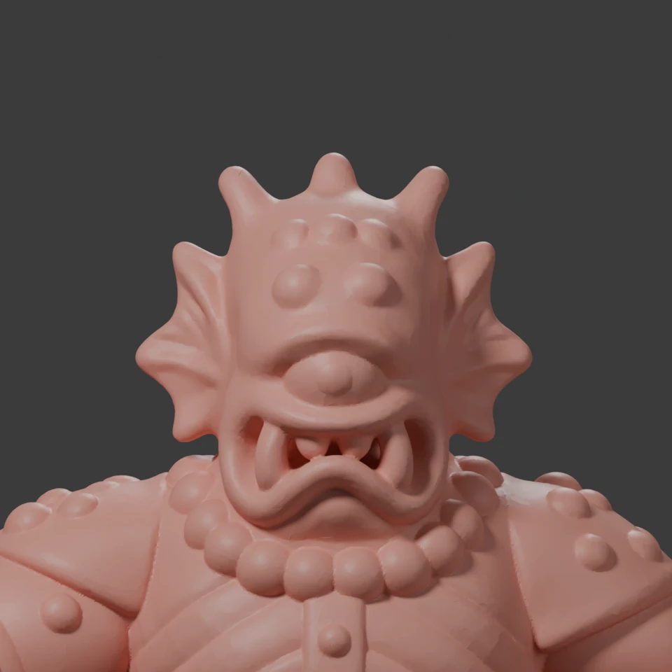 Front of the Test C head: the eye has a pupil, the teeth are separate and pointed, and the surfaces are smooth and clean.