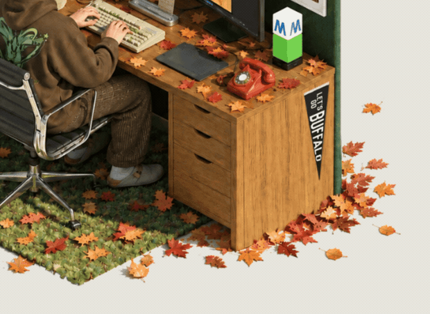 Looping capture of the website’s top drawer opening and launching colorful miniature figures onto the floor.