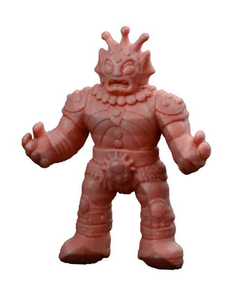 Saved front render of the rejected silhouette-based fish king, with facial and armor detail projected onto a rounded body.