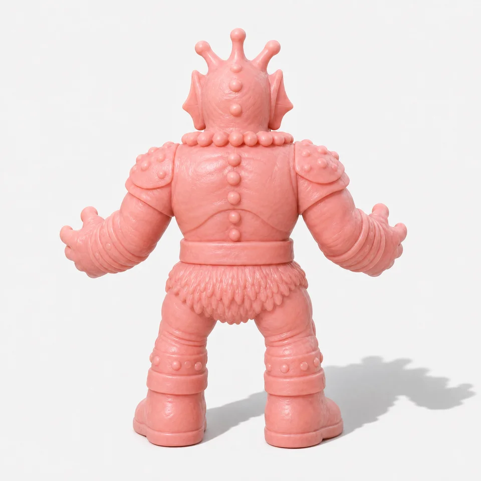 Back reference of the fish king, showing its crown, studded armor, scaled skirt and boots.