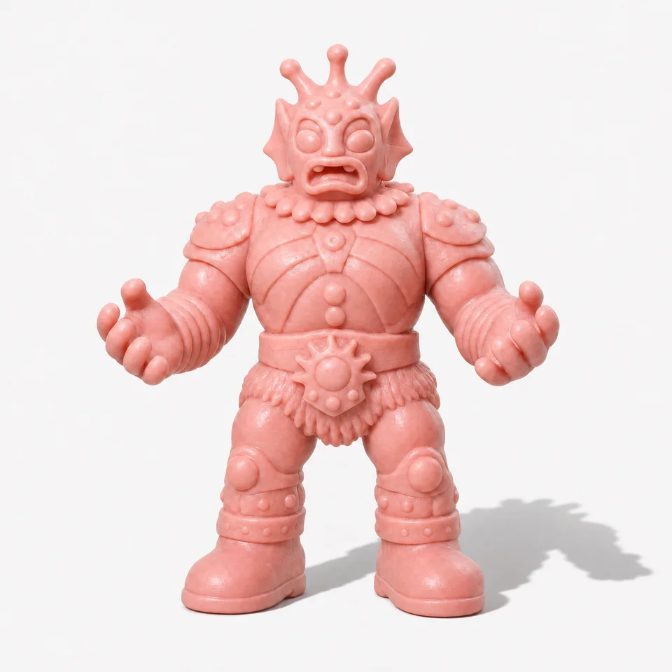 Front reference of the salmon-pink fish king, showing its crown, round eyes, open mouth, armor and outstretched hands.