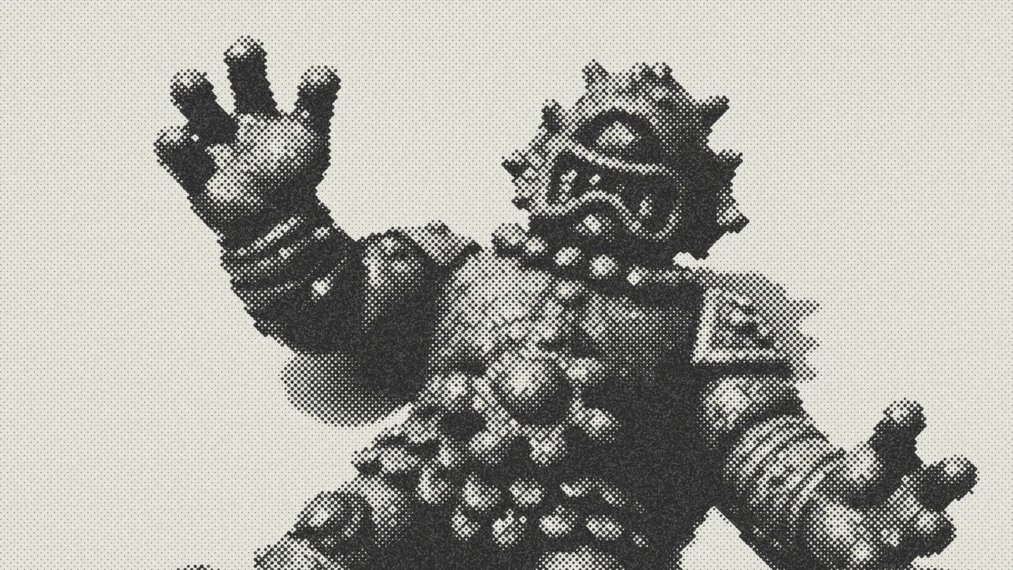 Paper halftone close-up of an AI-generated cyclops toy, with one eye, sculpted armor, and raised hands.