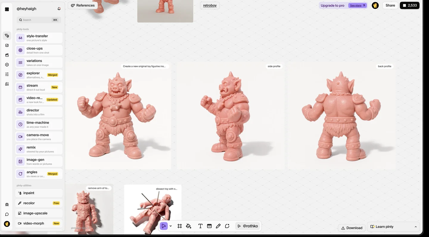 The plnty canvas showing front, side and back AI-generated views of a salmon-pink boar warrior.