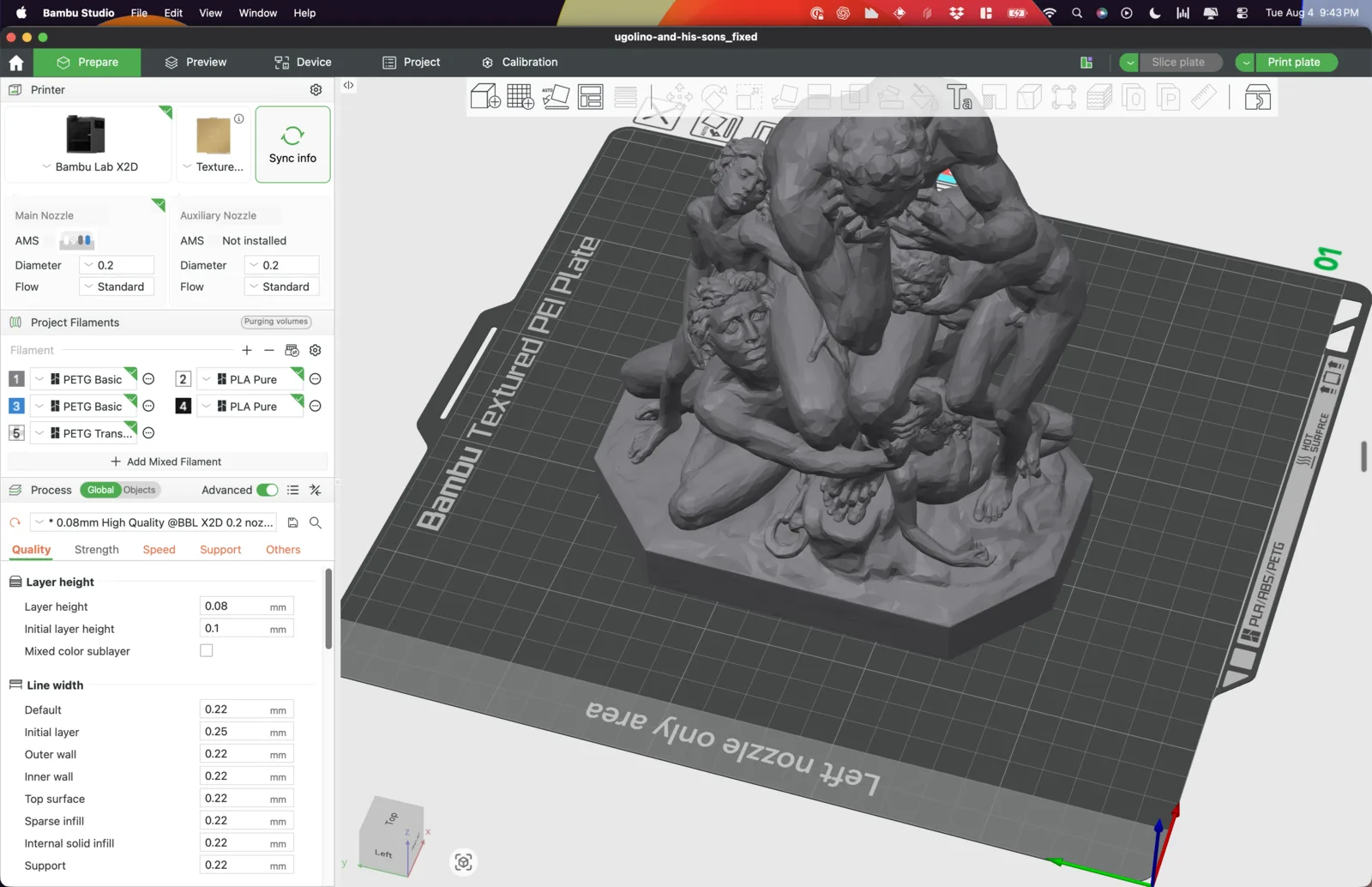 Ugolino and His Sons STL loaded on the build plate in Bambu Studio