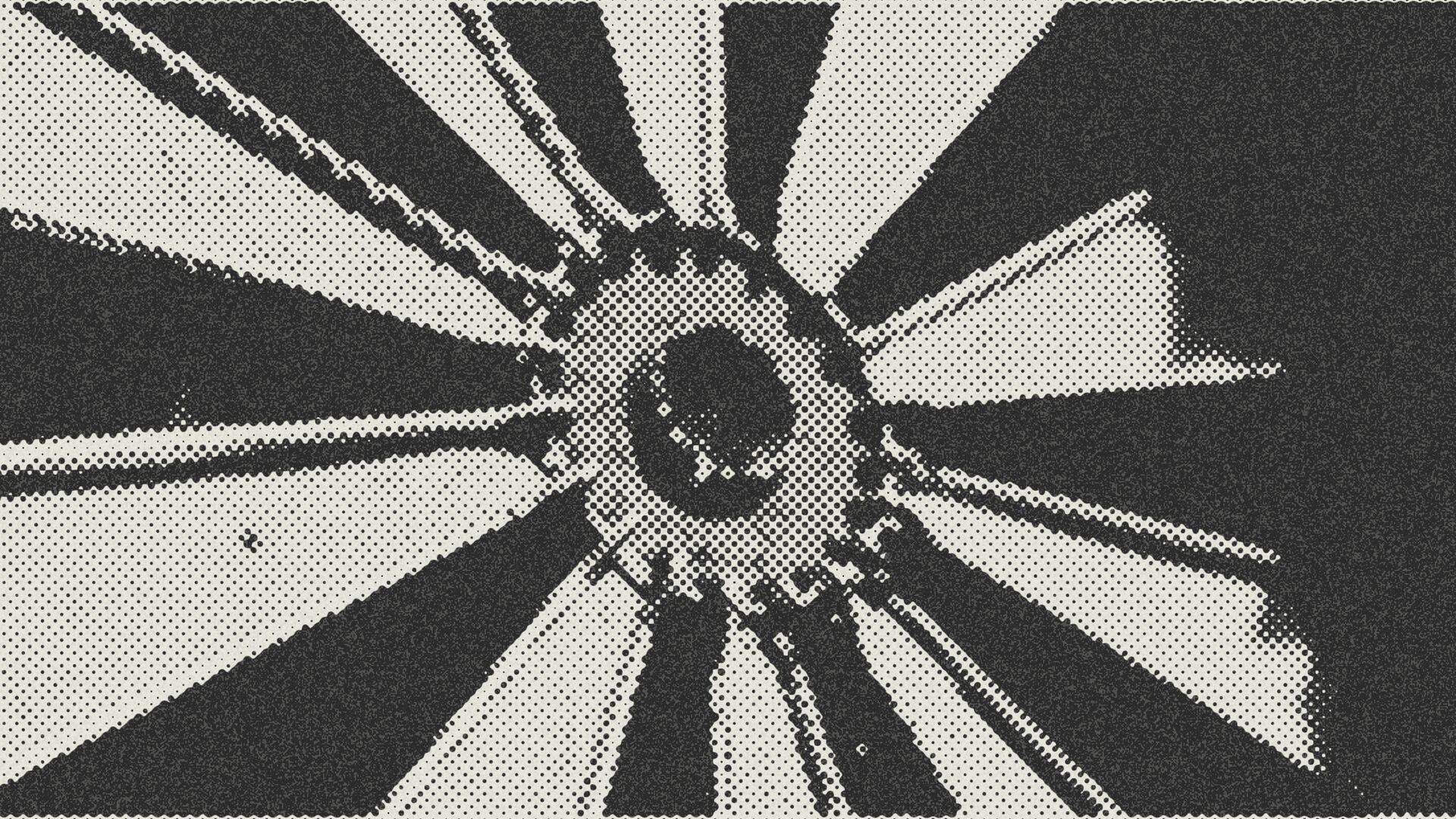 Paper halftone close-up of a dartboard with the bullseye centered in the frame