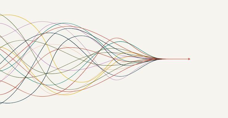 Abstract illustration of multiple colorful lines converging into a single focused direction