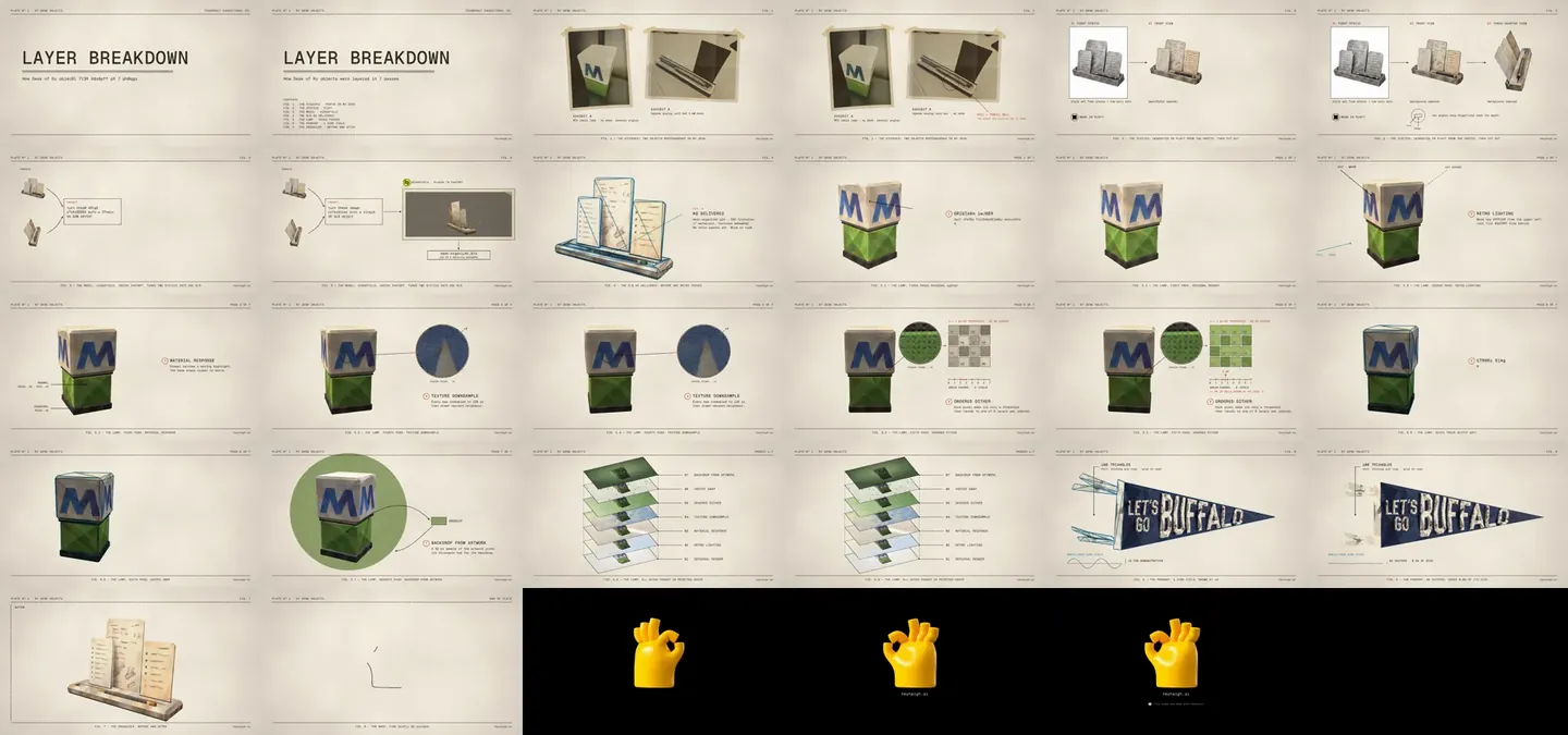 A contact sheet of thirty frames sampled across the whole video, from the title plate through the exhibits, statics, Higgsfield, the lamp passes, the stack, the pennant, the organizer and the black end card