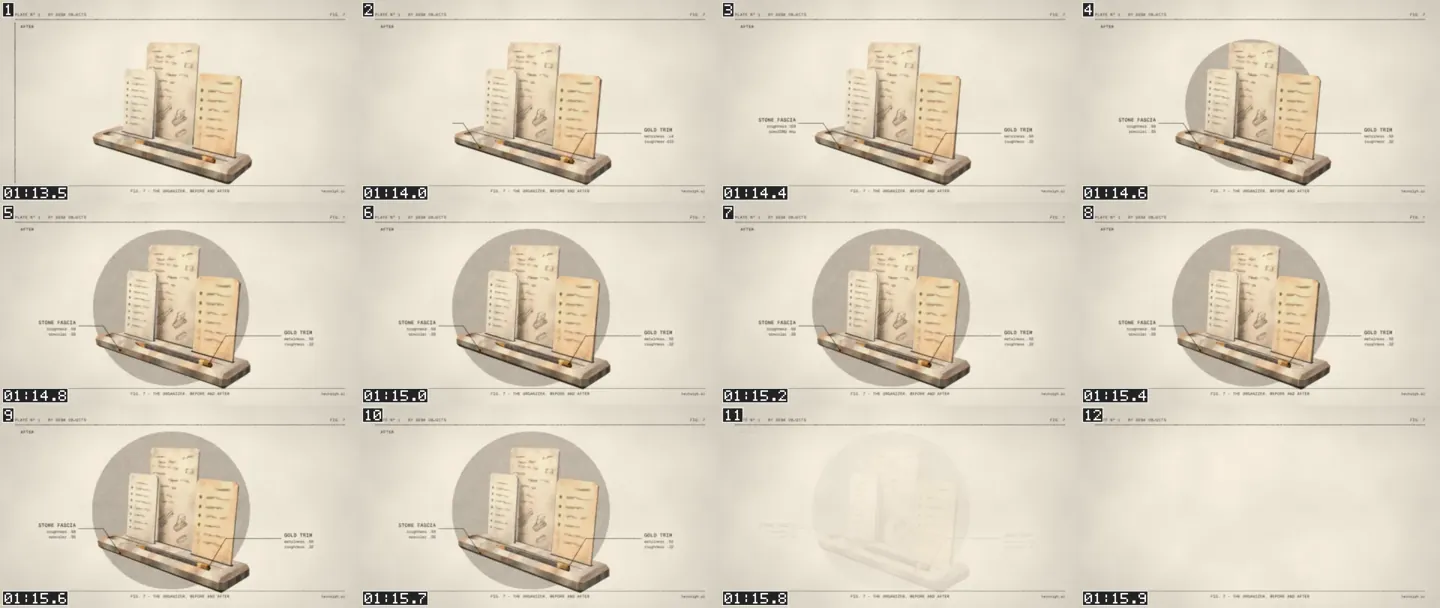 A review sheet of twelve numbered, timestamped frames from Fig 7 showing the callouts drawing in, the grey backdrop growing behind the organizer, and the scene fading out