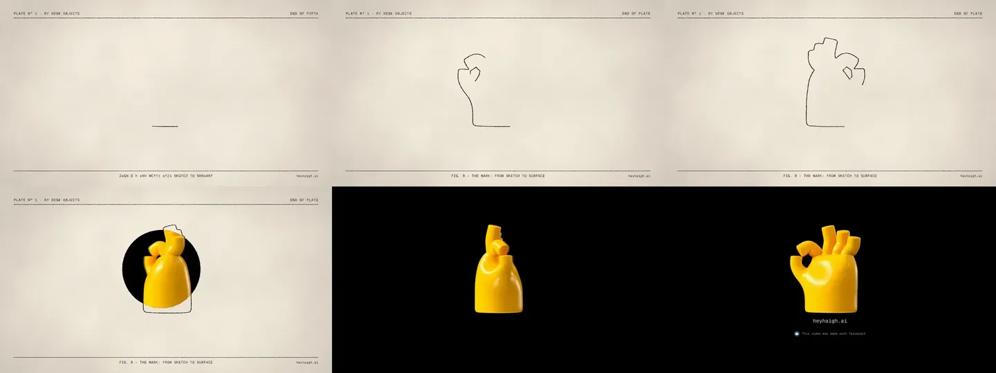 Six frames of the end: the hand outline being drawn, then spinning as a line sketch, black ink flooding out, the yellow 3D hand taking over, and the final card with heyhaigh.ai and the Tesseract credit on black