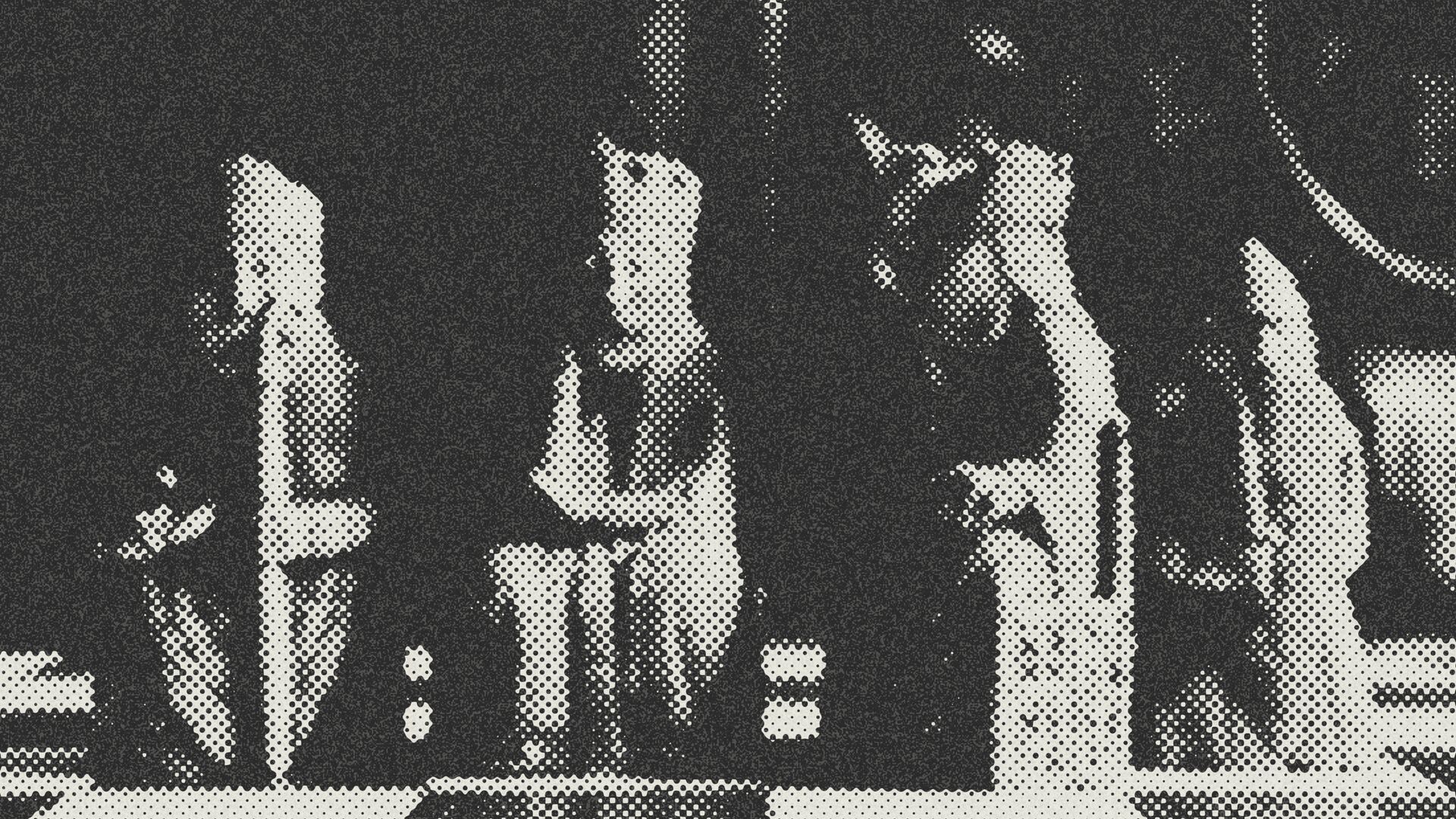 Halftone rendering of four Lewis Chessmen, a bishop, two kings, and a warder, seated in a row like a council