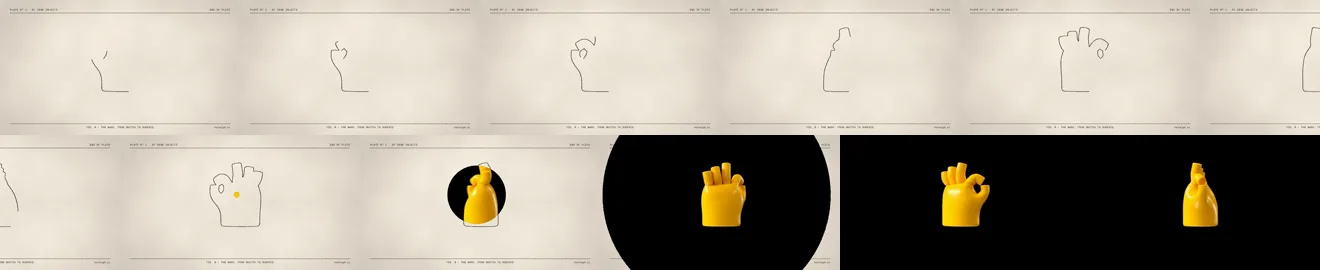 Twelve small frames at 4 frames per second showing the hand outline drawing on, spinning as a sketch, black ink flooding out and the yellow 3D hand taking over