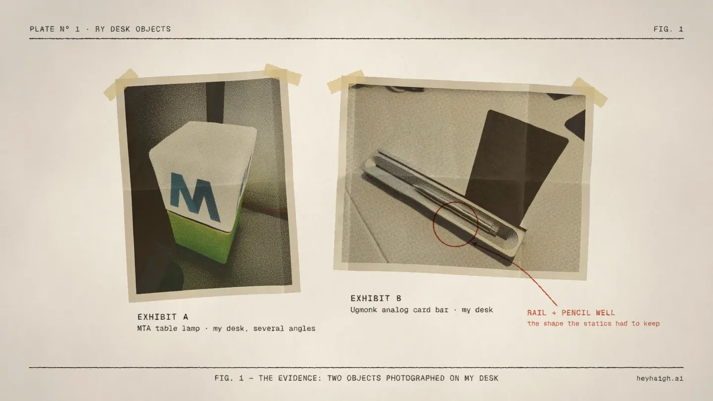 Fig 1: two taped-down halftone photo prints, Exhibit A the MTA table lamp and Exhibit B the Ugmonk analog card bar, with a red ring and arrow on the card bar's rail and pencil well