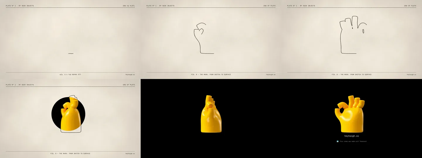 Six frames of the end: the hand outline being drawn, then spinning as a line sketch, black ink flooding out, the yellow 3D hand taking over, and the final card with heyhaigh.ai and the Tesseract credit on black